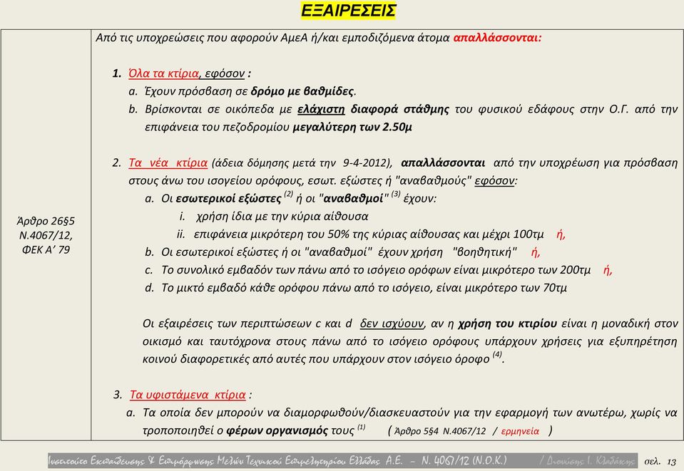 Τα νέα κτίρια (άδεια δόμησης μετά την 9-4-2012), απαλλάσσονται από την υποχρέωση για πρόσβαση στους άνω του ισογείου ορόφους, εσωτ. εξώστες ή "αναβαθμούς" εφόσον: a.