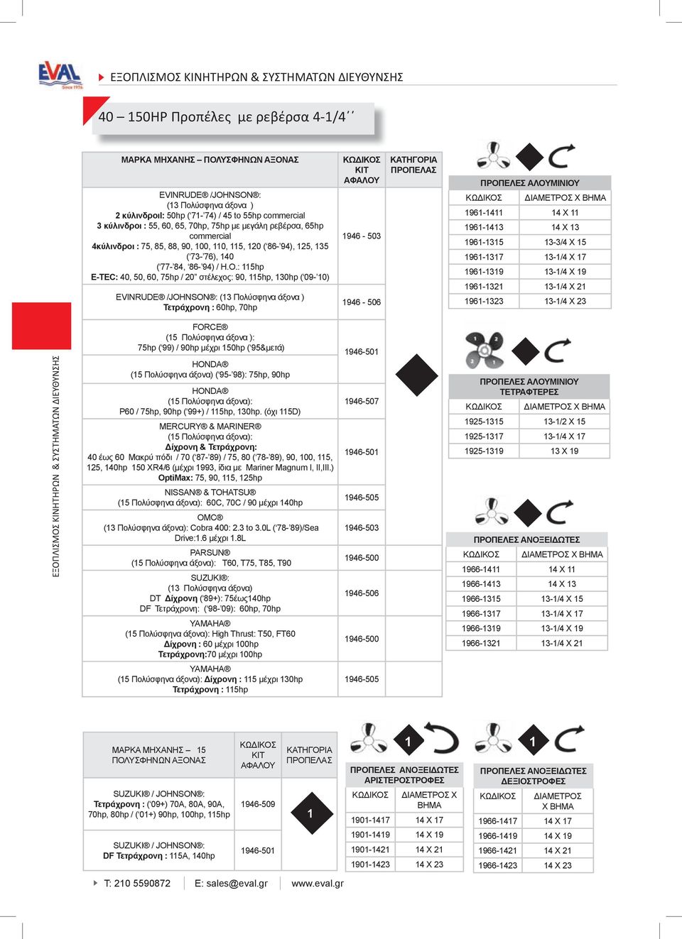 : 5hp E-TEC: 40, 50, 60, 75hp / 0 στέλεχος: 90, 5hp, 30hp ( 09-0) (3 Πολύσφηνα άξονα ) Τετράχρονη : 60hp, 70hp 946-503 946-506 96-4 4 X 96-43 4 X 3 96-35 3-3/4 X 5 96-37 3-/4 X 7 96-39 3-/4 X 9 96-3