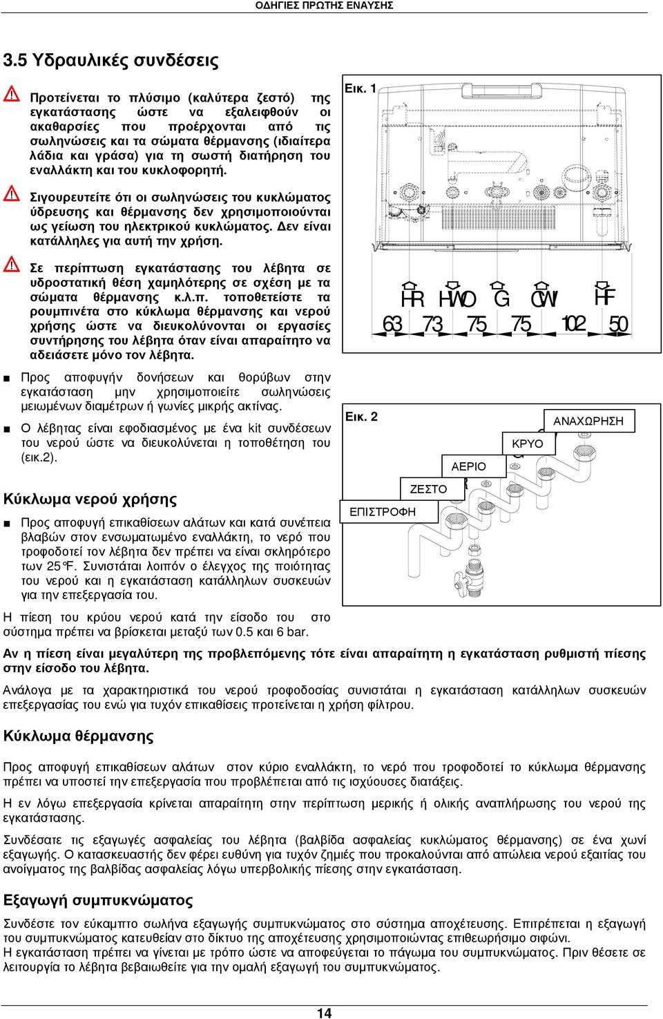 γράσα) για τη σωστή διατήρηση του εναλλάκτη και του κυκλοφορητή. Εικ. 1 Σιγουρευτείτε ότι οι σωληνώσεις του κυκλώµατος ύδρευσης και θέρµανσης δεν χρησιµοποιούνται ως γείωση του ηλεκτρικού κυκλώµατος.