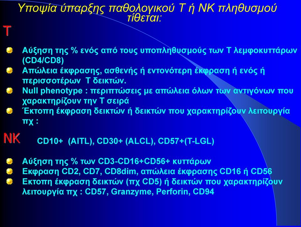 Νull phenotype : περιπτώσεις με απώλεια όλων των αντιγόνων που χαρακτηρίζουν την Τ σειρά Έκτοπη έκφραση δεικτών ή δεικτών που χαρακτηρίζουν λειτουργία