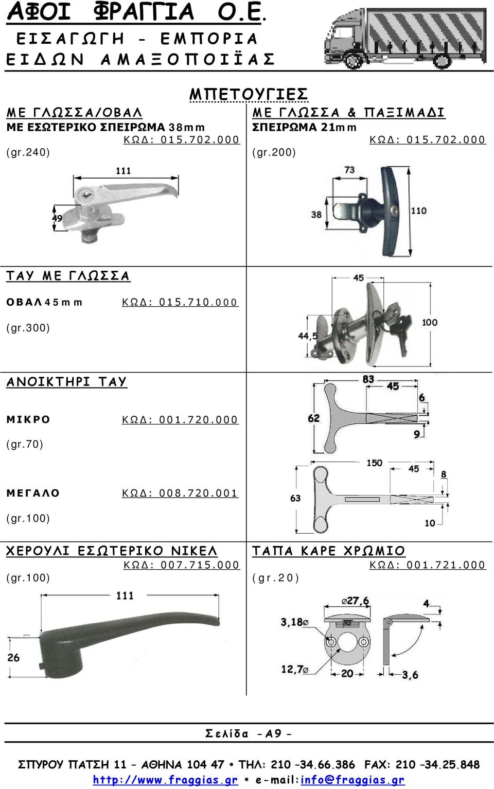 200) ΤΑΥ ΜΕ ΓΛΩΣΣΑ ΟΒΑΛ 45mm ΚΩΔ: 015.710.000 (gr.300) ΑΝΟΙΚΤΗΡΙ ΤΑΥ ΜΙΚΡΟ ΚΩΔ: 001.720.000 (gr.70) ΜΕΓΑΛΟ ΚΩΔ: 008.