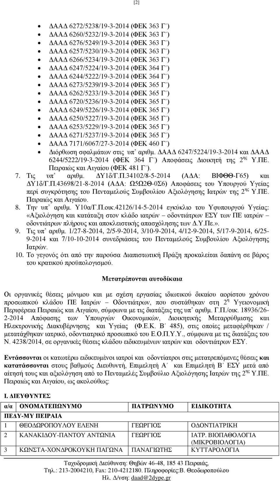 6249/5226/19-3-2014 (ΦΕΚ 365 Γ ) ΔΑΑΔ 6250/5227/19-3-2014 (ΦΕΚ 365 Γ ) ΔΑΑΔ 6253/5229/19-3-2014 (ΦΕΚ 365 Γ ) ΔΑΑΔ 6271/5237/19-3-2014 (ΦΕΚ 365 Γ ) ΔΑΑΔ 7171/6067/27-3-2014 (ΦΕΚ 460 Γ ) Διόρθωση