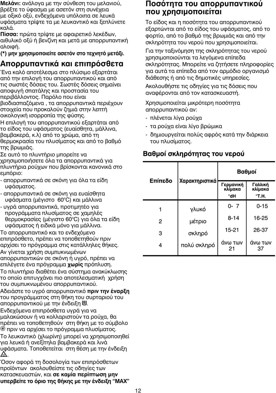 Απορρυπαντικά και επιπρόσθετα Ένα καλό αποτέλεσµα στο πλύσιµο εξαρτάται από την επιλογή του απορρυπαντικού και από τις σωστές δόσεις του.