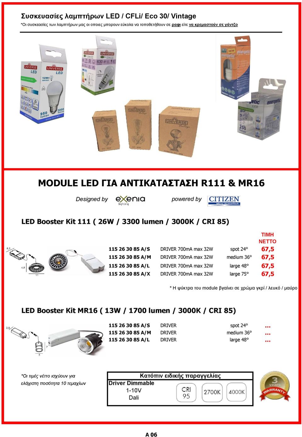 115 26 30 85 A/L DRIVER 700mA max 32W large 48 67,5 115 26 30 85 A/X DRIVER 700mA max 32W large 75 67,5 * Η ψύκτρα του module βγαίνει σε χρώμα γκρί / λευκό / μαύρο LED Booster Kit MR16 ( 13W / 1700