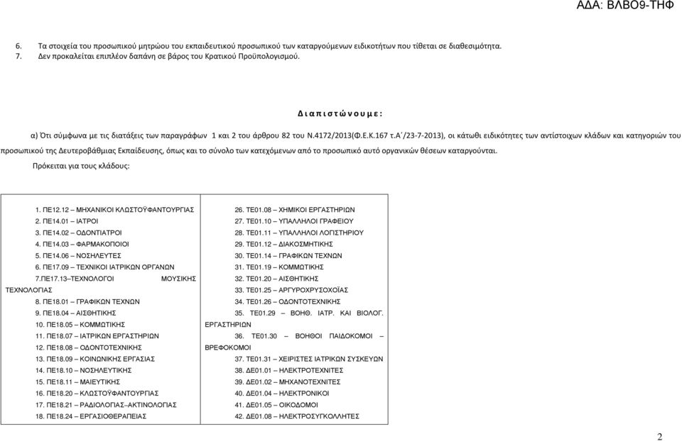 α /23-7-2013), οι κάτωθι ειδικότητες των αντίστοιχων κλάδων και κατηγοριών του προσωπικού της Δευτεροβάθμιας Εκπαίδευσης, όπως και το σύνολο των κατεχόμενων από το προσωπικό αυτό οργανικών θέσεων