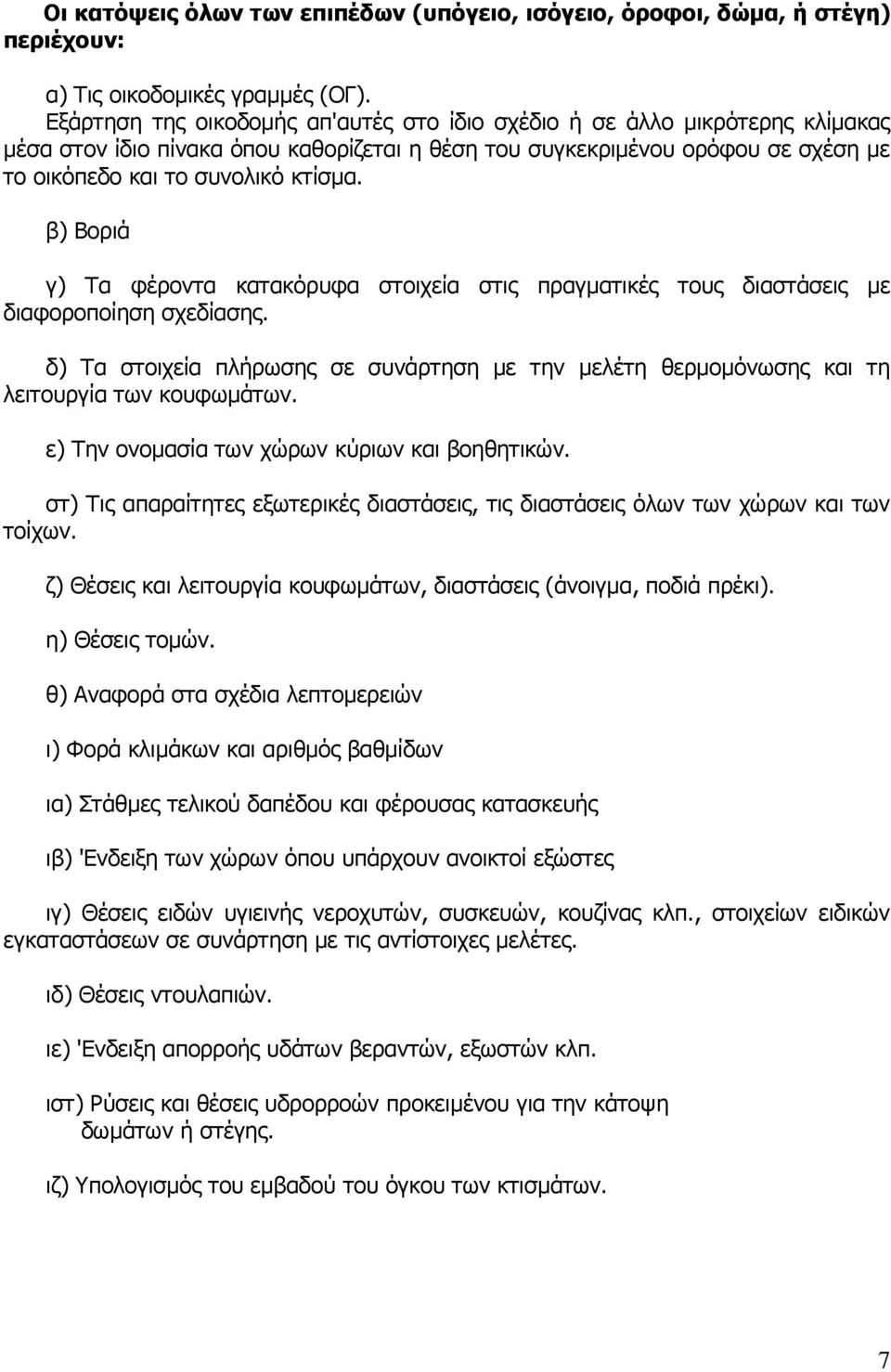 β) Βοριά γ) Τα φέροντα κατακόρυφα στοιχεία στις πραγματικές τους διαστάσεις με διαφοροποίηση σχεδίασης.