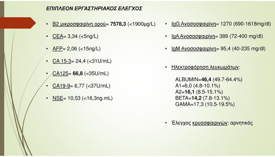 mL) IgG Ανοσοσφαιρίνη= 1270 (690-1618mg/dl) IgΑΑνοσοσφαιρίνη= 389 (72-400 mg/dl) IgΜΑνοσοσφαιρίνη= 95,4 (40-235 mg/dl)