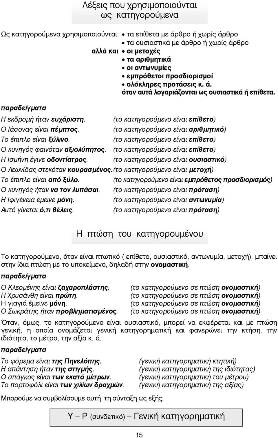 (το κατηγορούµενο είναι επίθετο) (το κατηγορούµενο είναι αριθµητικό) (το κατηγορούµενο είναι επίθετο) Ο κυνηγός φαινόταν αξιολύπητος. (το κατηγορούµενο είναι επίθετο) Η Ισµήνη έγινε οδοντίατρος.