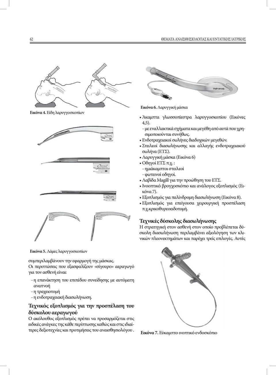 Λαρυγγική μάσκα (Εικόνα 6) Οδηγοί ΕΤΣ π.χ. : - ημιάκαμπτοι στειλεοί - φωτεινοί οδηγοί. Λαβίδα Magill για την προώθηση του ΕΤΣ. Ινοοπτικό βρογχοσκόπιο και ανάλογος εξοπλισμός (Εικόνα 7).