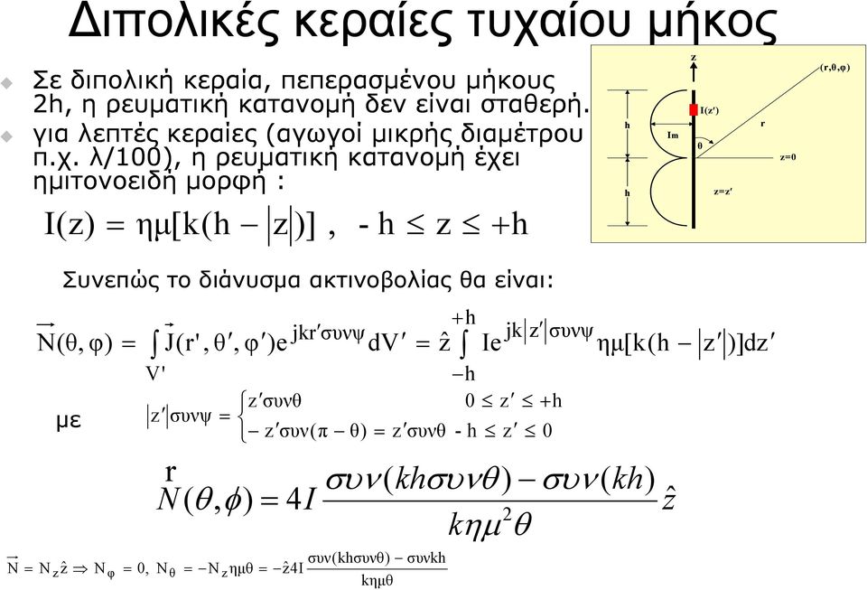 λ/100), η ρευματική κατανομή έχει ημιτονοειδή μορφή : I (z) ημ[k(h z )], - h z h h h Im z I(z) θ z=z r z=0 (r,θ,φ) Συνεπώς το