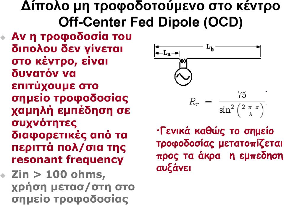 διαφορετικές από τα περιττά πολ/σια της resonant frequency Ζin > 100 ohms, χρήση μετασ/στη στο