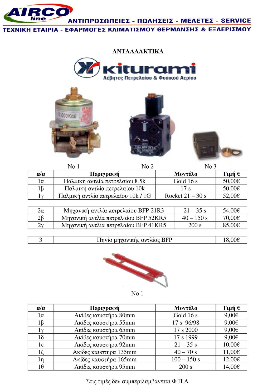 54,00 2β Μηχανική αντλία πετρελαίου BFP 52KR5 40 150 s 70,00 2γ Μηχανική αντλία πετρελαίου BFP 41KR5 200 s 85,00 3 Πηνίο μηχανικής αντλίας BFP 18,00 Νο 1 1α Ακίδες