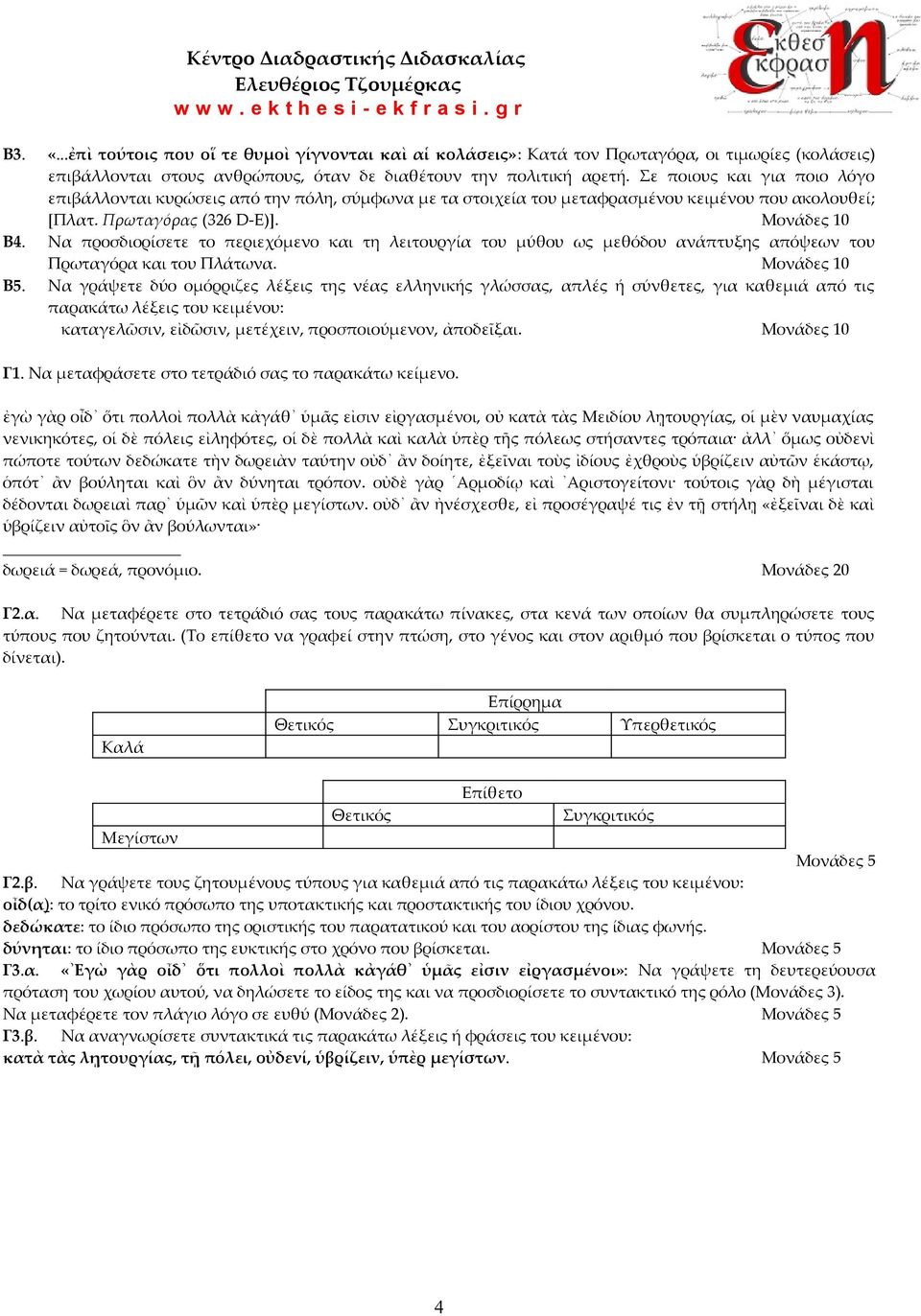 Να προσδιορίσετε το περιεχόμενο και τη λειτουργία του μύθου ως μεθόδου ανάπτυξης απόψεων του Πρωταγόρα και του Πλάτωνα. Β5.