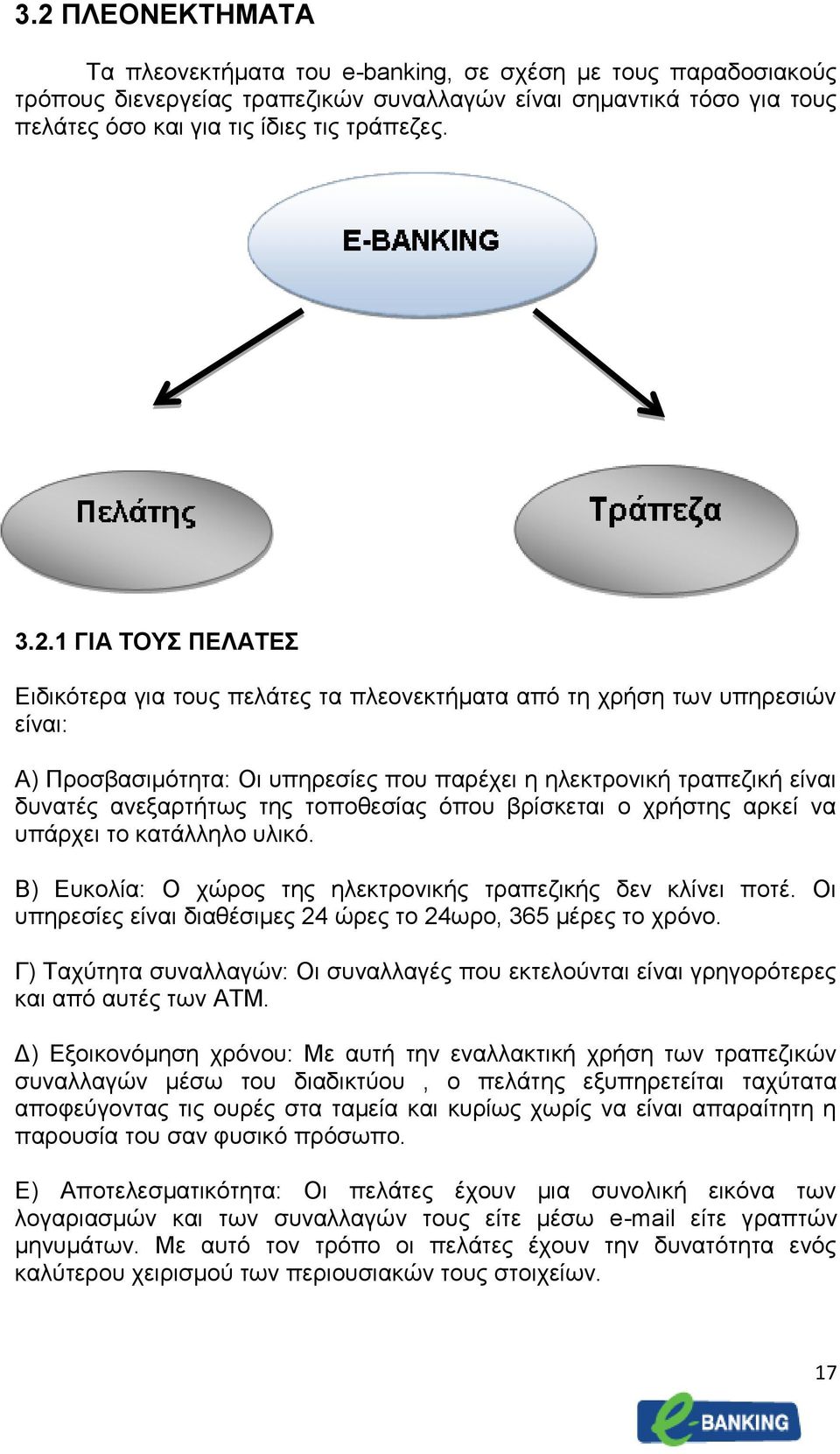 τοποθεσίας όπου βρίσκεται ο χρήστης αρκεί να υπάρχει το κατάλληλο υλικό. Β) Ευκολία: Ο χώρος της ηλεκτρονικής τραπεζικής δεν κλίνει ποτέ.