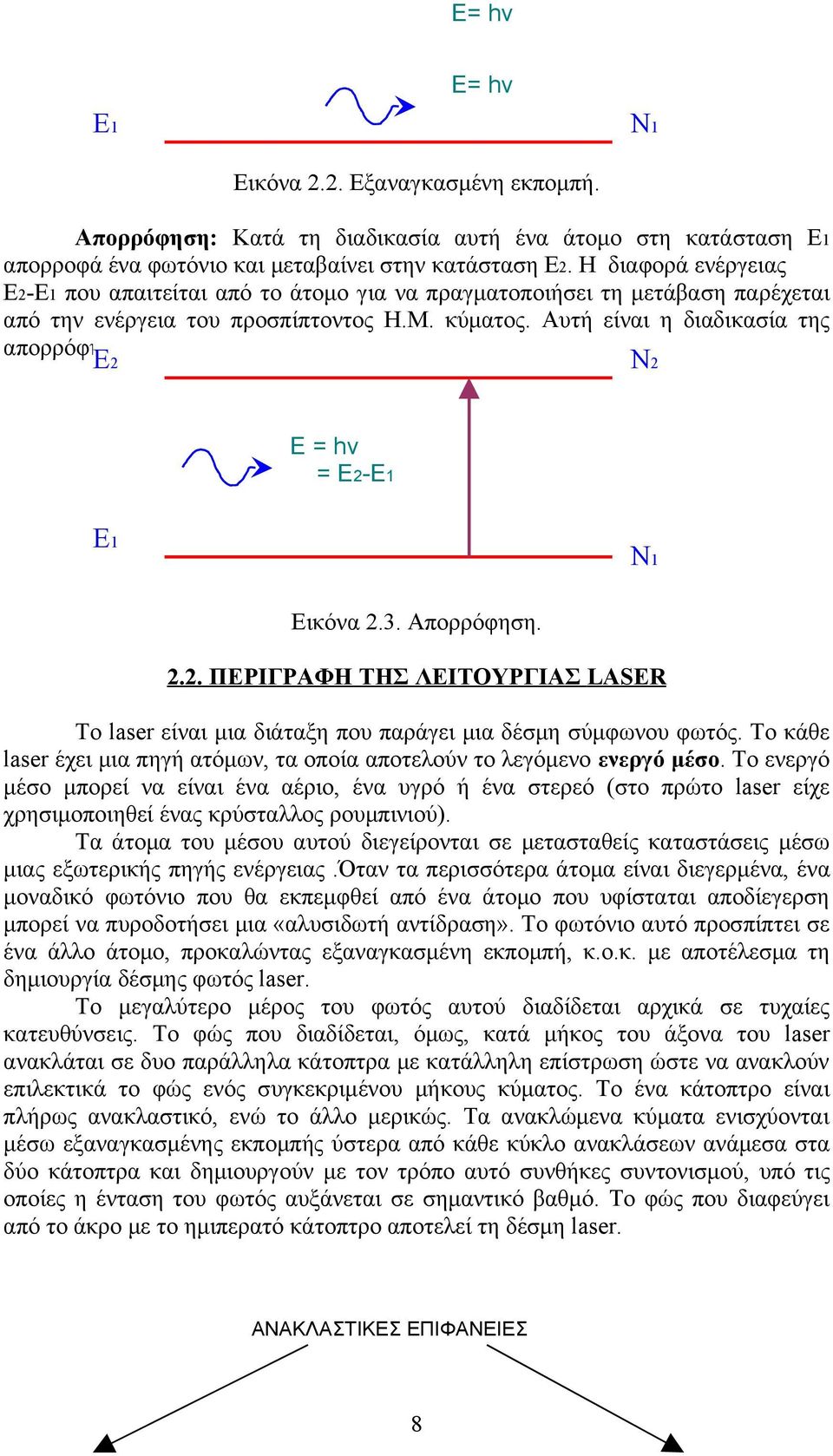 E2 N2 E = hv = E2-E1 E1 N1 Εικόνα 2.3. Απορρόφηση. 2.2. ΠΕΡΙΓΡΑΦΗ ΤΗΣ ΛΕΙΤΟΥΡΓΙΑΣ LASER Το laser είναι μια διάταξη που παράγει μια δέσμη σύμφωνου φωτός.