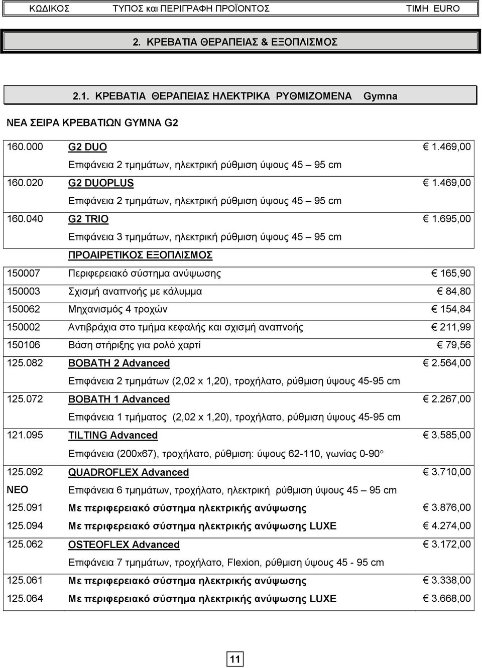 695,00 Επιφάνεια 3 τμημάτων, ηλεκτρική ρύθμιση ύψους 45 95 cm ΠΡΟΑΙΡΕΤΙΚΟΣ ΕΞΟΠΛΙΣΜΟΣ 150007 Περιφερειακό σύστημα ανύψωσης 165,90 150003 Σχισμή αναπνοής με κάλυμμα 84,80 150062 Μηχανισμός 4 τροχών