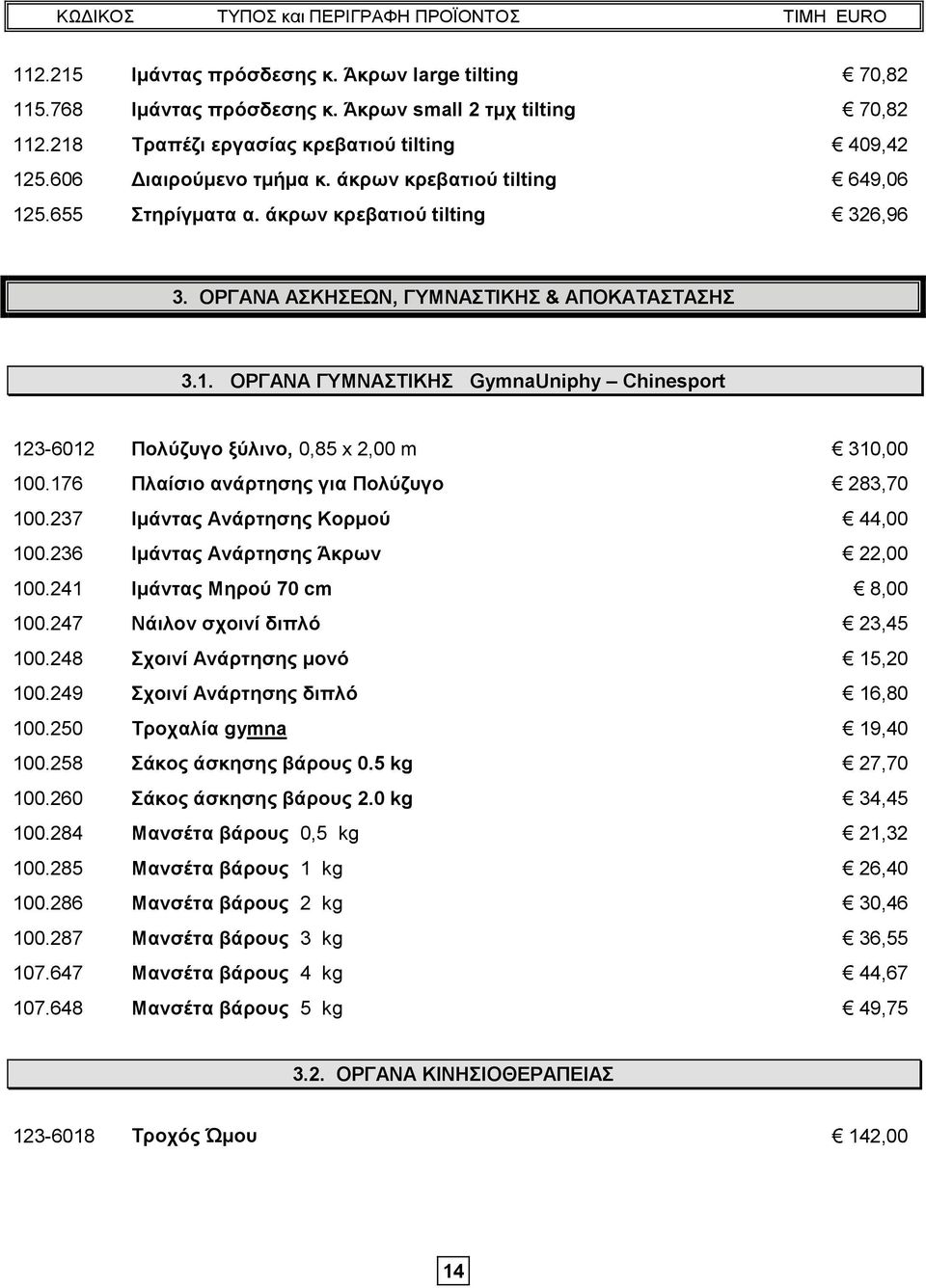 176 Πλαίσιο ανάρτησης για Πολύζυγο 283,70 100.237 Ιμάντας Ανάρτησης Κορμού 44,00 100.236 Ιμάντας Ανάρτησης Άκρων 22,00 100.241 Ιμάντας Μηρού 70 cm 8,00 100.247 Νάιλον σχοινί διπλό 23,45 100.