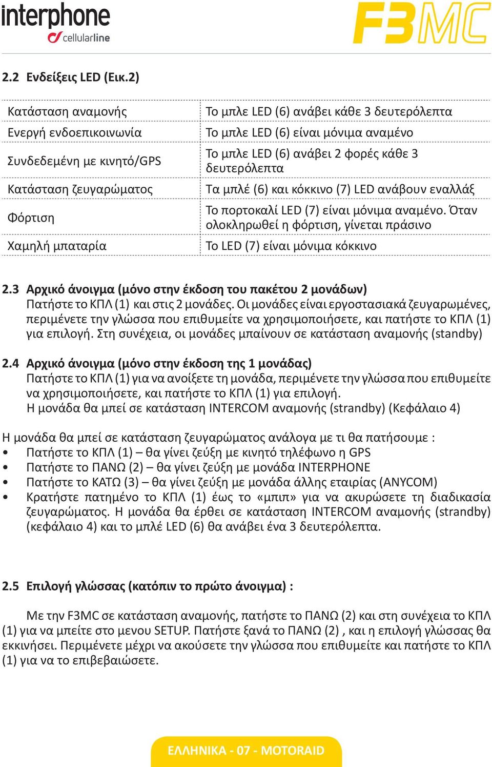 Το μπλε LED (6) ανάβει 2 φορές κάθε 3 δευτερόλεπτα Τα μπλέ (6) και κόκκινo (7) LED ανάβουν εναλλάξ Το πορτοκαλί LED (7) είναι μόνιμα αναμένο.