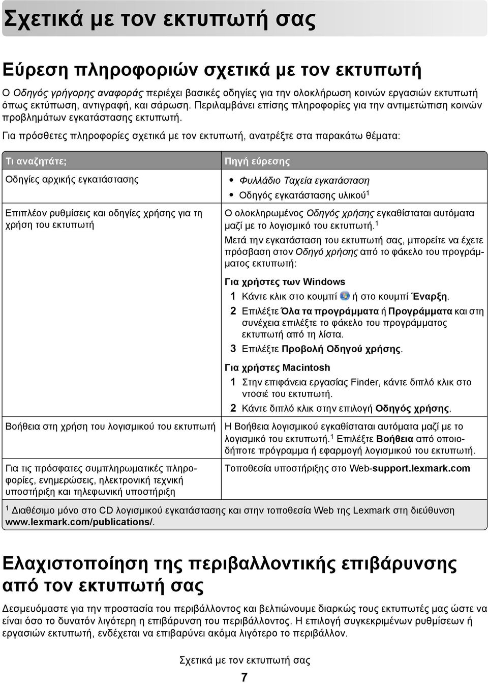 Για πρόσθετες πληροφορίες σχετικά με τον εκτυπωτή, ανατρέξτε στα παρακάτω θέματα: Τι αναζητάτε; Οδηγίες αρχικής εγκατάστασης Επιπλέον ρυθμίσεις και οδηγίες χρήσης για τη χρήση του εκτυπωτή Βοήθεια