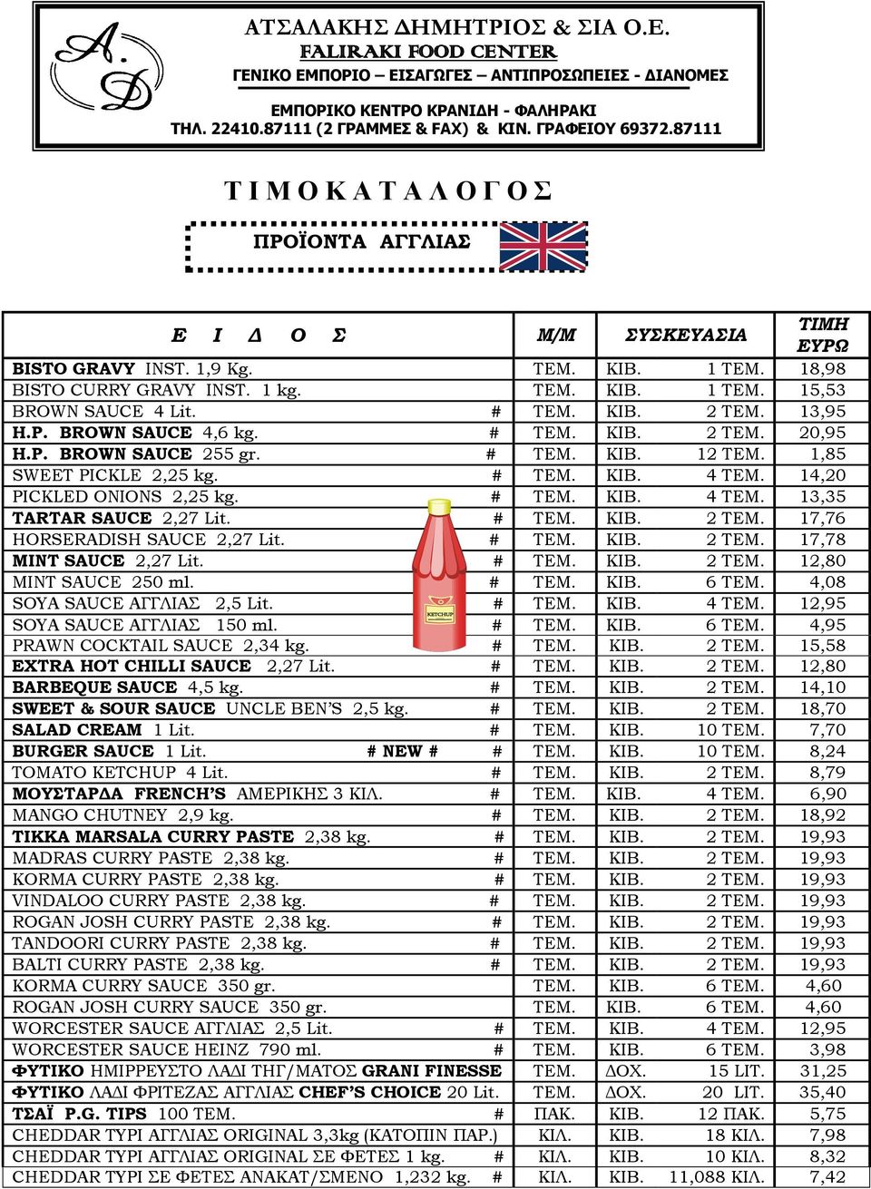 17,76 HORSERADISH SAUCE 2,27 Lit. # ΤΕΜ. ΚΙΒ. 2 ΤΕΜ. 17,78 MINT SAUCE 2,27 Lit. # ΤΕΜ. ΚΙΒ. 2 ΤΕΜ. 12,80 MINT SAUCE 250 ml. # ΤΕΜ. ΚΙΒ. 6 ΤΕΜ. 4,08 SOYA SAUCE ΑΓΓΛΙΑΣ 2,5 Lit. # ΤΕΜ. ΚΙΒ. 4 ΤΕΜ.