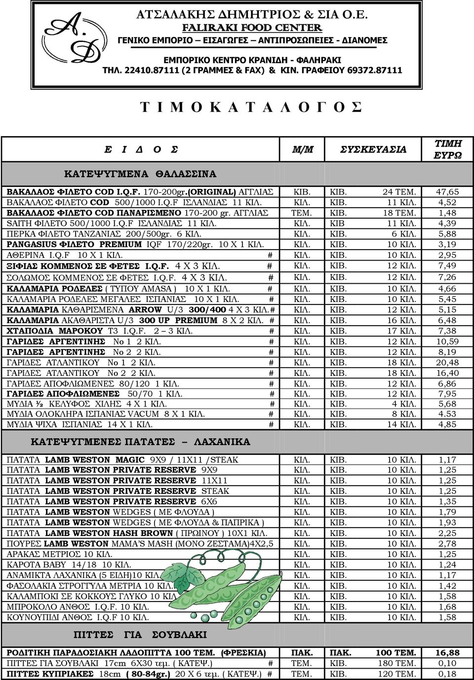 6 ΚΙΛ. ΚΙΛ. ΚΙΒ. 6 ΚΙΛ. 5,88 PANGASIUS ΦΙΛΕΤΟ PREMIUM IQF 170/220gr. 10 Χ 1 ΚΙΛ. ΚΙΛ. ΚΙΒ. 10 ΚΙΛ. 3,19 ΑΘΕΡΙΝΑ I.Q.F 10 Χ 1 ΚΙΛ. # ΚΙΛ. ΚΙΒ. 10 ΚΙΛ. 2,95 ΞΙΦΙΑΣ ΚΟΜΜΕΝΟΣ ΣΕ ΦΕΤΕΣ I.Q.F. 4 X 3 ΚΙΛ.