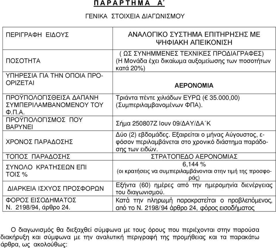 ΑΝΑΛΟΓΙΚΟ ΣΥΣΤΗΜΑ ΕΠΙΤΗΡΗΣΗΣ ΜΕ ΨΗΦΙΑΚΗ ΑΠΕΙΚΟΝΙΣΗ ( ΩΣ ΣΥΝΗΜΜΕΝΕΣ ΤΕΧΝΙΚΕΣ ΠΡΟ ΙΑΓΡΑΦΕΣ) (Η Μονάδα έχει δικαίωµα αυξοµείωσης των ποσοτήτων κατά 20%) ΑΕΡΟΝΟΜΙΑ Τριάντα πέντε χιλιάδων ΕΥΡΩ ( 35.