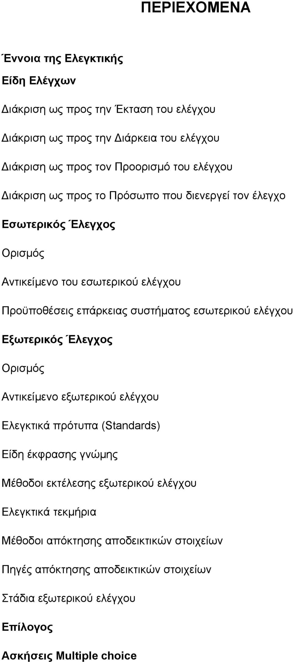 εσωτερικού ελέγχου Εξωτερικός Έλεγχος Ορισμός Αντικείμενο εξωτερικού ελέγχου Ελεγκτικά πρότυπα (Standards) Είδη έκφρασης γνώμης Μέθοδοι εκτέλεσης εξωτερικού