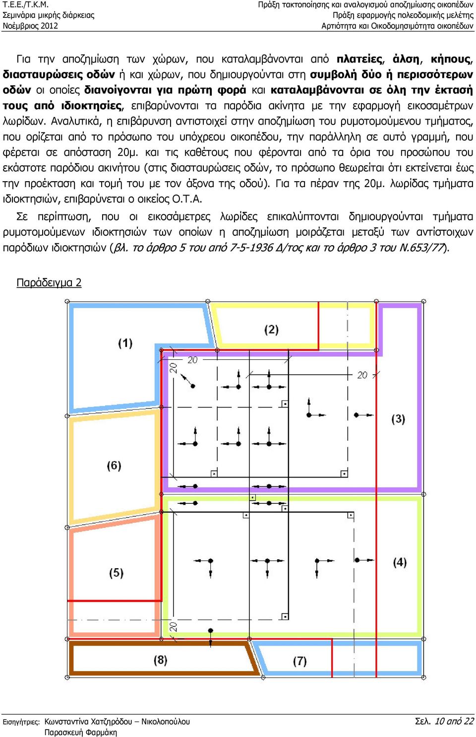 Αναλυτικά, η επιβάρυνση αντιστοιχεί στην αποζηµίωση του ρυµοτοµούµενου τµήµατος, που ορίζεται από το πρόσωπο του υπόχρεου οικοπέδου, την παράλληλη σε αυτό γραµµή, που φέρεται σε απόσταση 20µ.