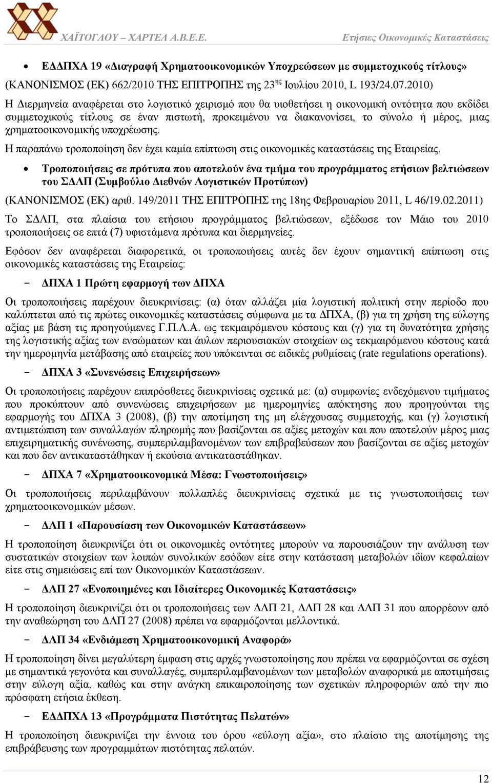 χρηματοοικονομικής υποχρέωσης. Η παραπάνω τροποποίηση δεν έχει καμία επίπτωση στις οικονομικές καταστάσεις της Εταιρείας.