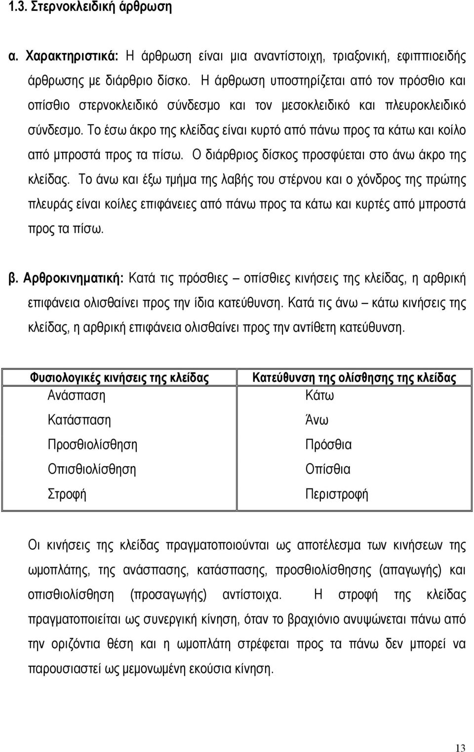 Το έσω άκρο της κλείδας είναι κυρτό από πάνω προς τα κάτω και κοίλο από µπροστά προς τα πίσω. Ο διάρθριος δίσκος προσφύεται στο άνω άκρο της κλείδας.