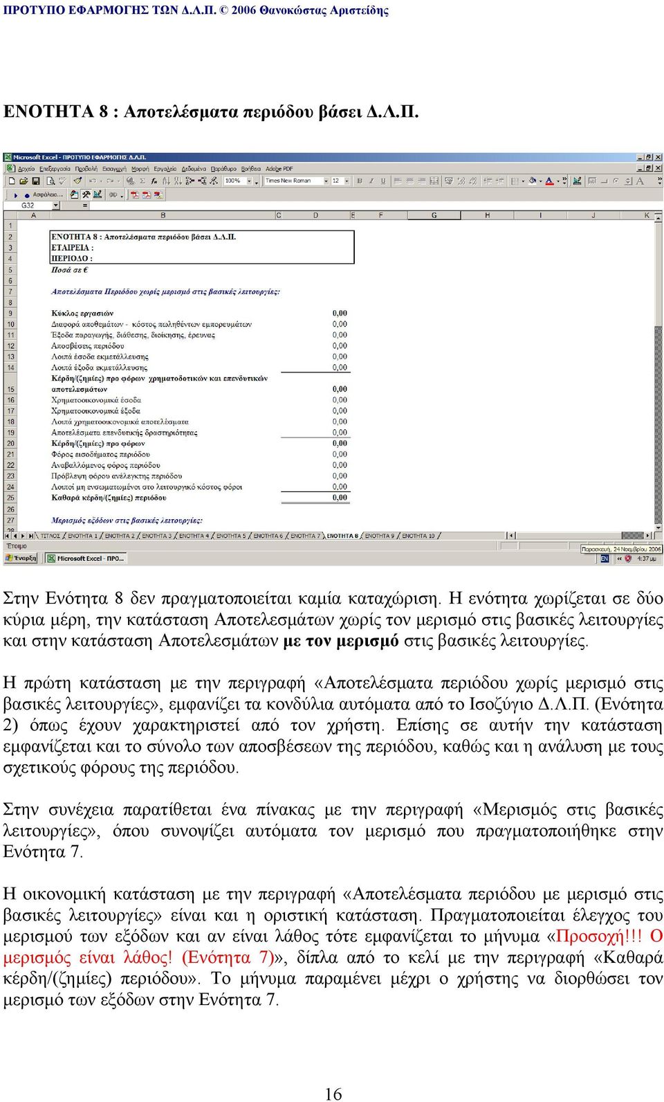 Η πρώτη κατάσταση με την περιγραφή «Αποτελέσματα περιόδου χωρίς μερισμό στις βασικές λειτουργίες», εμφανίζει τα κονδύλια αυτόματα από το Ισοζύγιο Δ.Λ.Π.