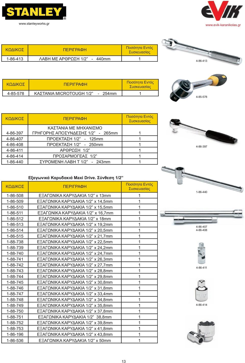 4-86-408 ΠΡΟΕΚΤΑΣΗ 1/2-250mm 1 4-86-411 ΑΡΘΡΩΣΗ 1/2 1 4-86-414 ΠΡΟΣΑΡΜΟΓΕΑΣ 1/2 1 1-86-440 ΣΥΡΟΜΕΝΗ ΛΑΒΗ Τ 1/2-243mm 1 4-86-397 Εξαγωνικά Καρυδακιά Maxi Drive.