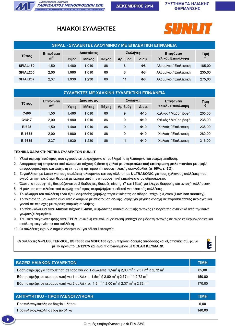 230 86 11 Φ8 Αλουμίνιο / Επιλεκτική 275,00 ΣΥΛΛΕΚΤΕΣ ΜΕ ΧΑΛΚΙΝΗ ΣΥΛΛΕΚΤΙΚΗ ΕΠΙΦΑΝΕΙΑ Επιφάνεια Διαστάσεις Σωλήνες Επιφάνεια m 2 Ύψος Μήκος Πάχος Αριθμός Διαμ. Υλικό / Επικάλυψη C409 1,50 1.480 1.