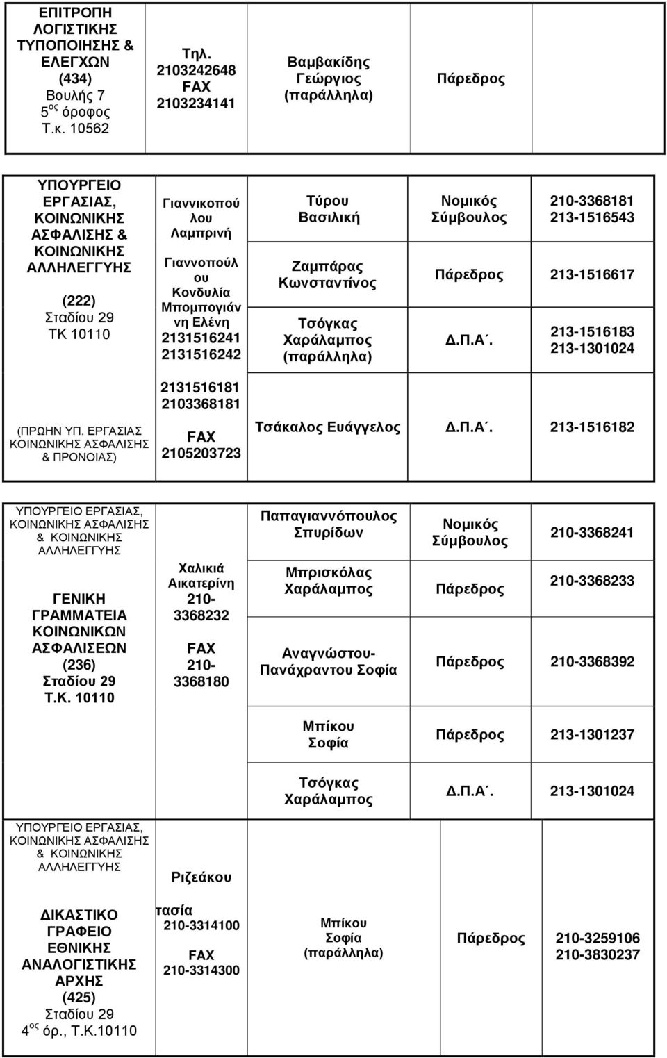 Τύρου Ζαμπάρας Κωνσταντίνος Τσόγκας Χαράλαμπος 210-3368181 213-1516543 213-1516617 213-1516183 213-1301024 (ΠΡΩΗΝ ΥΠ.