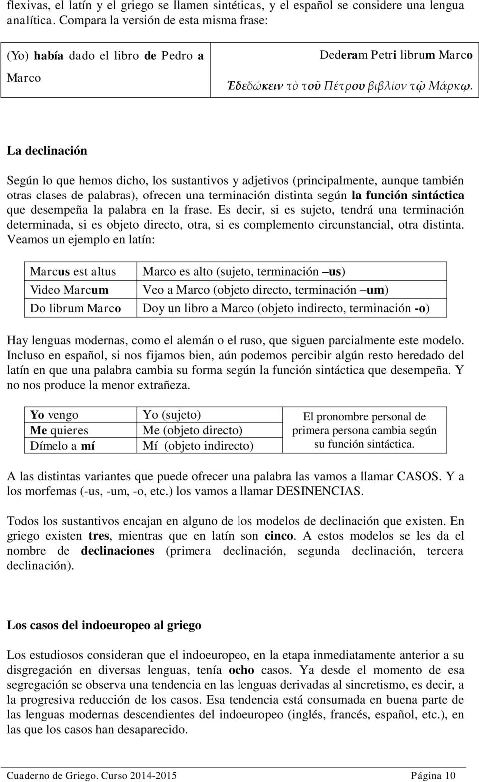 La declinación Según lo que hemos dicho, los sustantivos y adjetivos (principalmente, aunque también otras clases de palabras), ofrecen una terminación distinta según la función sintáctica que