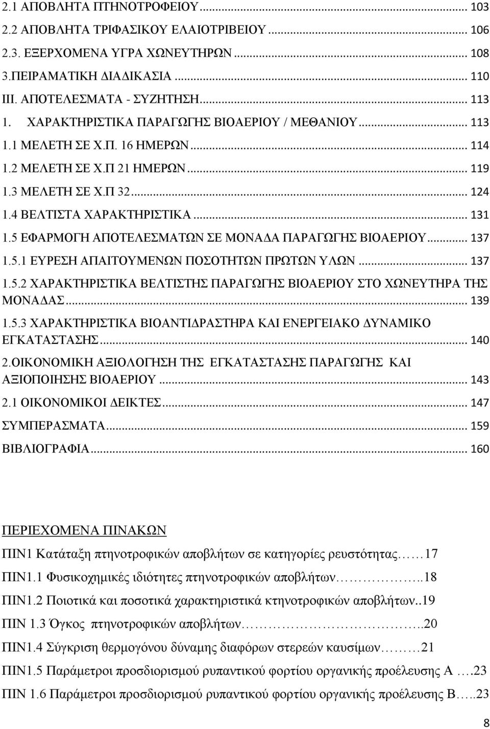 5 ΕΦΑΡΜΟΓΗ ΑΠΟΤΕΛΕΣΜΑΤΩΝ ΣΕ ΜΟΝΑΔΑ ΠΑΡΑΓΩΓΗΣ ΒΙΟΑΕΡΙΟΥ... 137 1.5.1 ΕΥΡΕΣΗ ΑΠΑΙΤΟΥΜΕΝΩΝ ΠΟΣΟΤΗΤΩΝ ΠΡΩΤΩΝ ΥΛΩΝ... 137 1.5.2 ΧΑΡΑΚΤΗΡΙΣΤΙΚΑ ΒΕΛΤΙΣΤΗΣ ΠΑΡΑΓΩΓΗΣ ΒΙΟΑΕΡΙΟΥ ΣΤΟ ΧΩΝΕΥΤΗΡΑ ΤΗΣ ΜΟΝΑΔΑΣ.