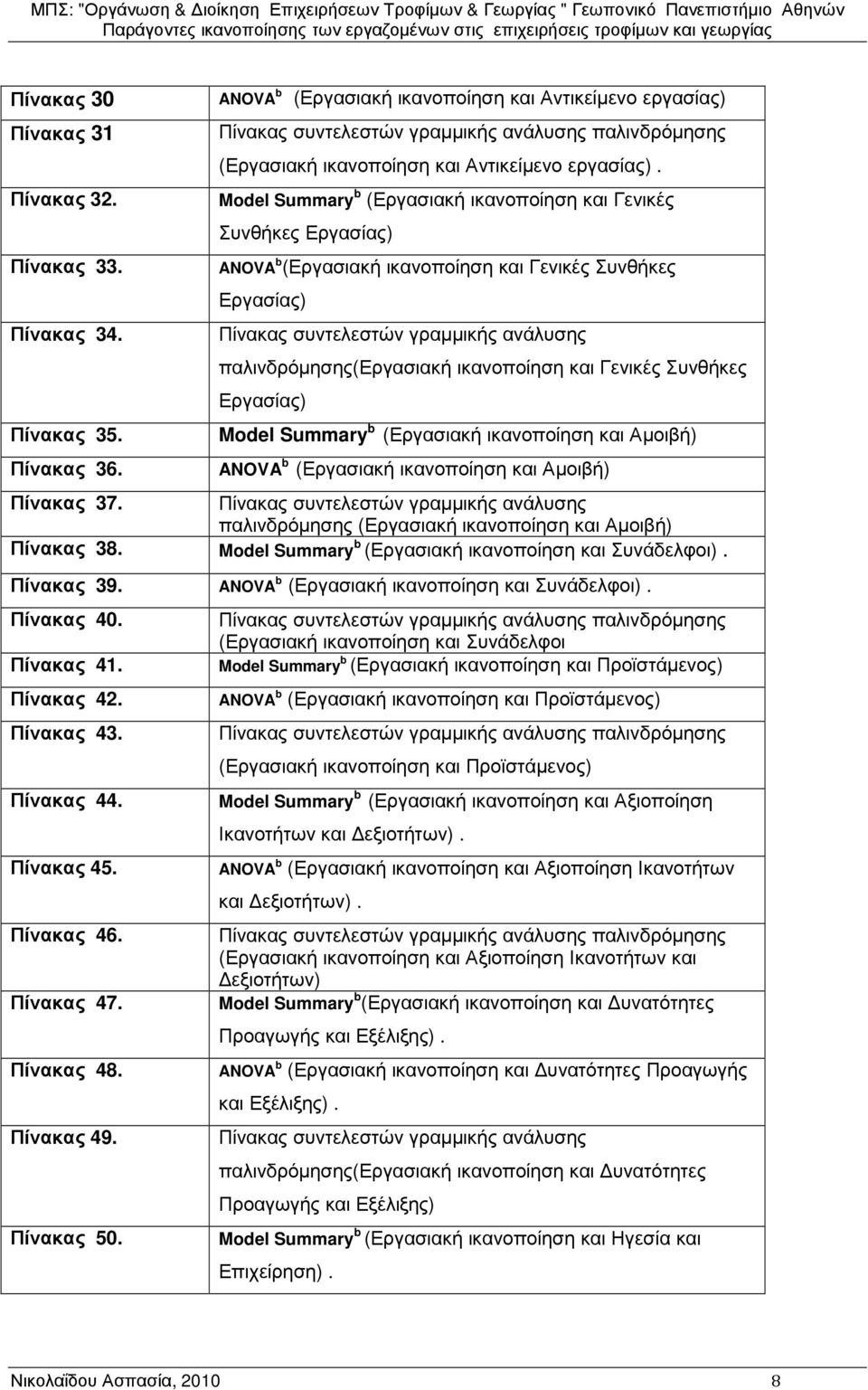 Model Summary b (Εργασιακή ικανοποίηση και Γενικές Συνθήκες Εργασίας) ANOVA b (Εργασιακή ικανοποίηση και Γενικές Συνθήκες Εργασίας) Πίνακας συντελεστών γραµµικής ανάλυσης παλινδρόµησης(εργασιακή