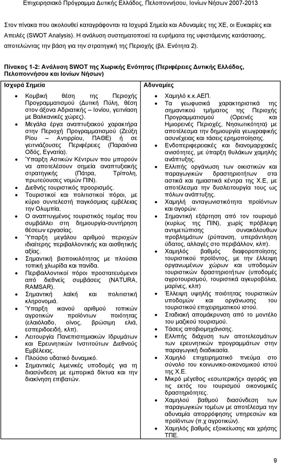 Πίνακας 1-2: Ανάλυση SWOT της Χωρικής Ενότητας (Περιφέρειες υτικής Ελλάδας, Πελοποννήσου και Ιονίων Νήσων) Ισχυρά Σηµεία Κοµβική θέση της Περιοχής Προγραµµατισµού ( υτική Πύλη, θέση στον άξονα