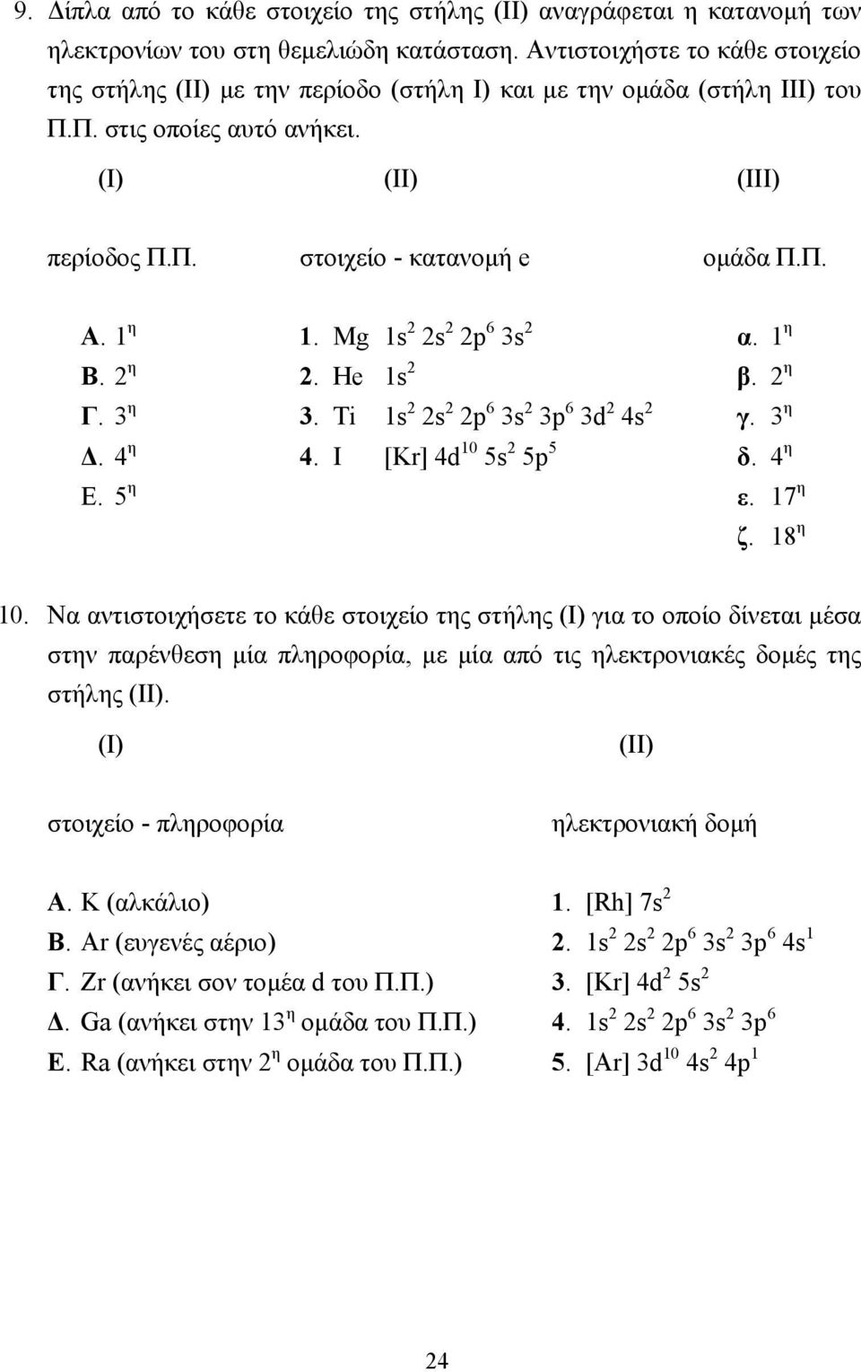 1 η 1. Mg 1s 2 2s 2 2p 6 3s 2 α. 1 η Β. 2 η 2. He 1s 2 β. 2 η Γ. 3 η 3. Ti 1s 2 2s 2 2p 6 3s 2 3p 6 3d 2 4s 2 γ. 3 η. 4 η 4. Ι [Kr] 4d 10 5s 2 5p 5 δ. 4 η Ε. 5 η ε. 17 η ζ. 18 η 10.