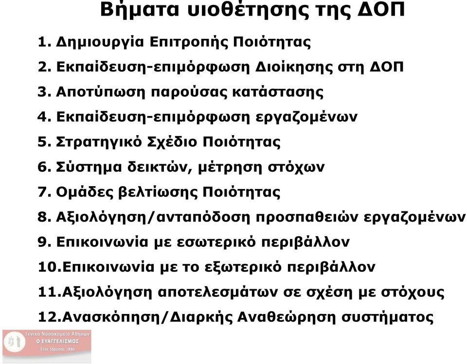 Σύστημα δεικτών, μέτρηση στόχων 7. Ομάδες βελτίωσης Ποιότητας 8. Αξιολόγηση/ανταπόδοση προσπαθειών εργαζομένων 9.