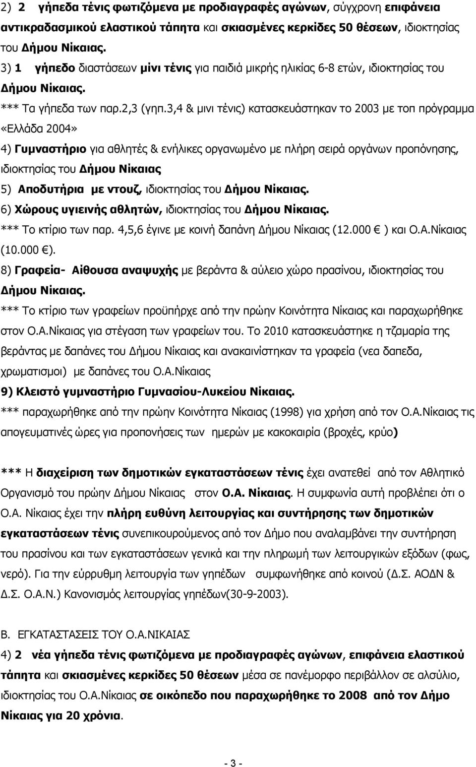 3,4 & μινι τένις) κατασκευάστηκαν το 2003 με τοπ πρόγραμμα «Ελλάδα 2004» 4) Γυμναστήριο για αθλητές & ενήλικες οργανωμένο με πλήρη σειρά οργάνων προπόνησης, ιδιοκτησίας του Δήμου Νίκαιας 5)