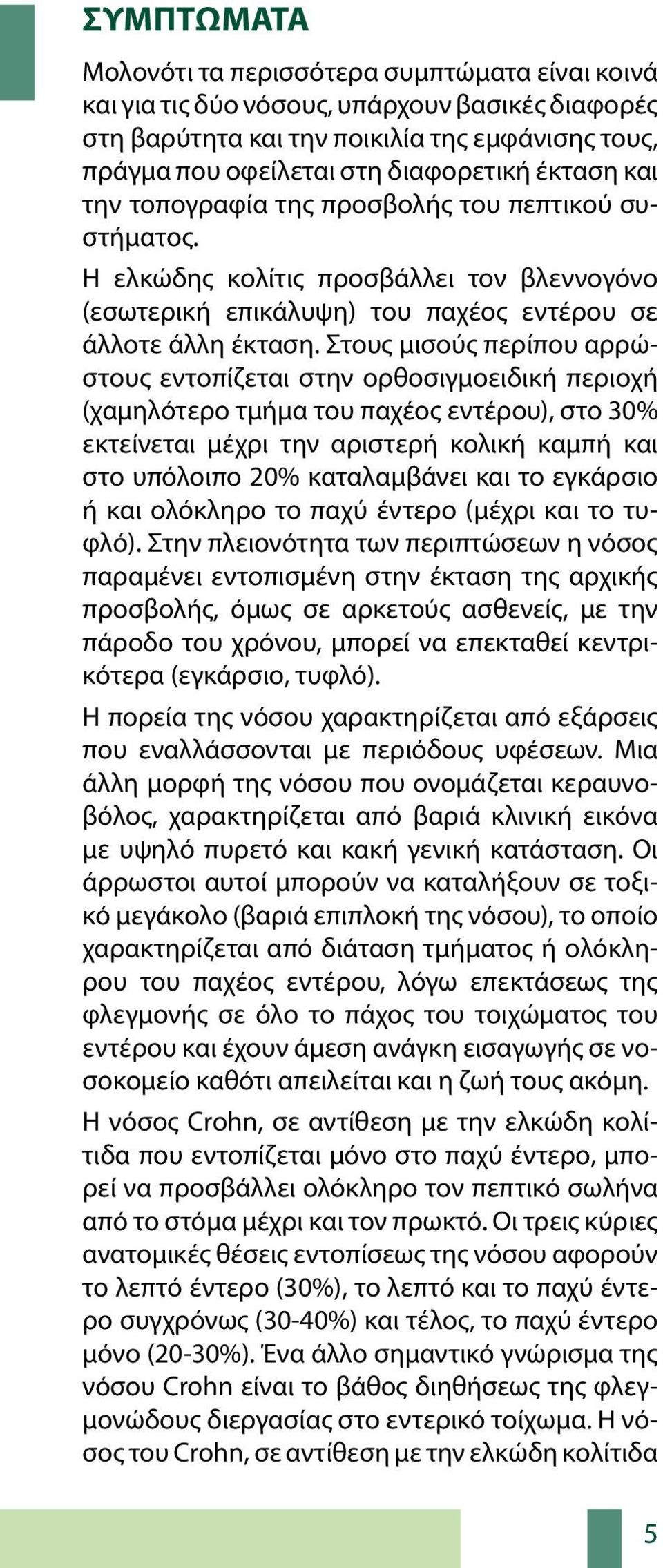 Στους μισούς περίπου αρρώστους εντοπίζεται στην ορθοσιγμοειδική περιοχή (χαμηλότερο τμήμα του παχέος εντέρου), στο 30% εκτείνεται μέχρι την αριστερή κολική καμπή και στο υπόλοιπο 20% καταλαμβάνει και