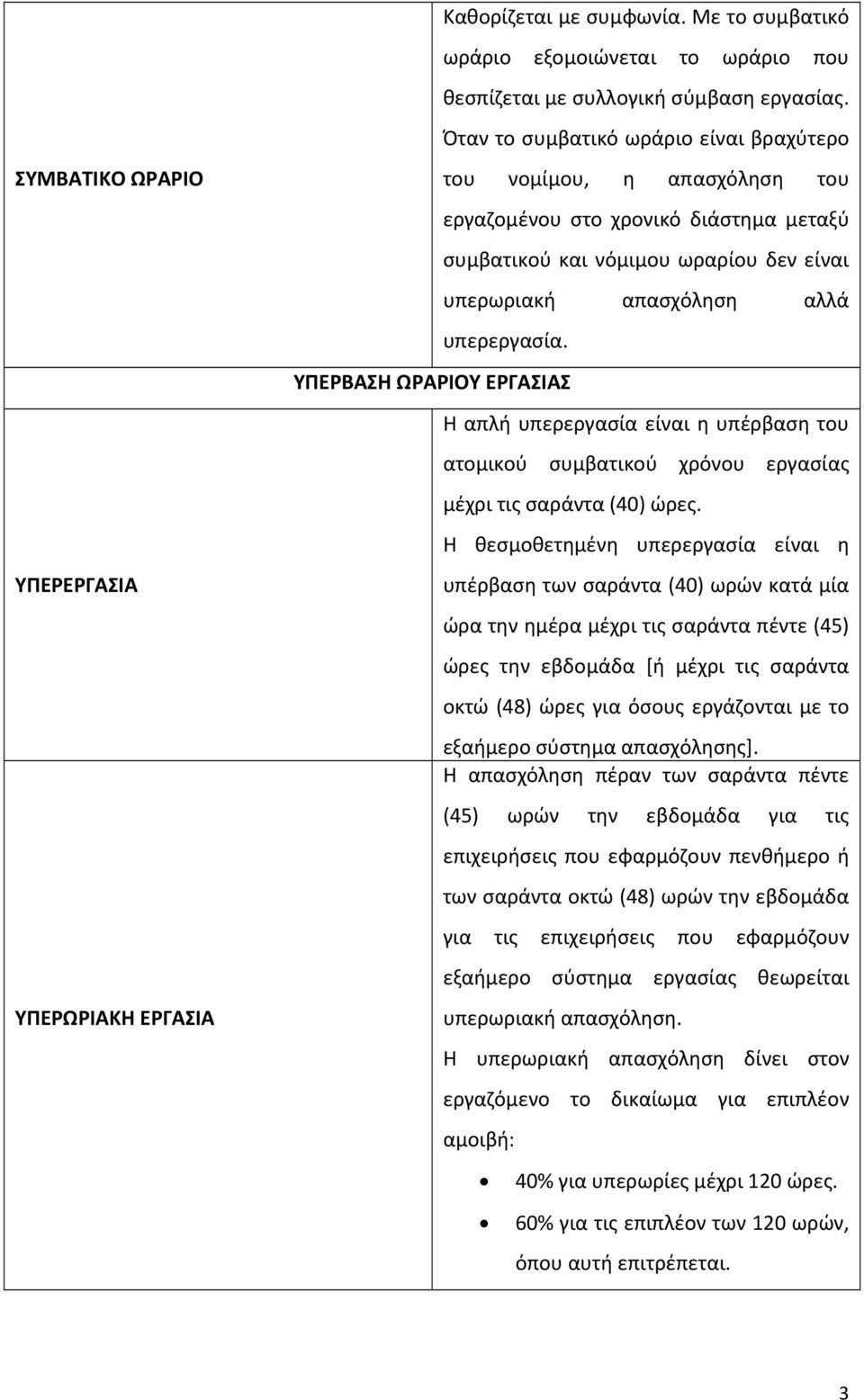 υπερωριακή απασχόληση αλλά υπερεργασία. ΥΠΕΡΒΑΣΗ ΩΡΑΡΙΟΥ ΕΡΓΑΣΙΑΣ Η απλή υπερεργασία είναι η υπέρβαση του ατομικού συμβατικού χρόνου εργασίας μέχρι τις σαράντα (40) ώρες.