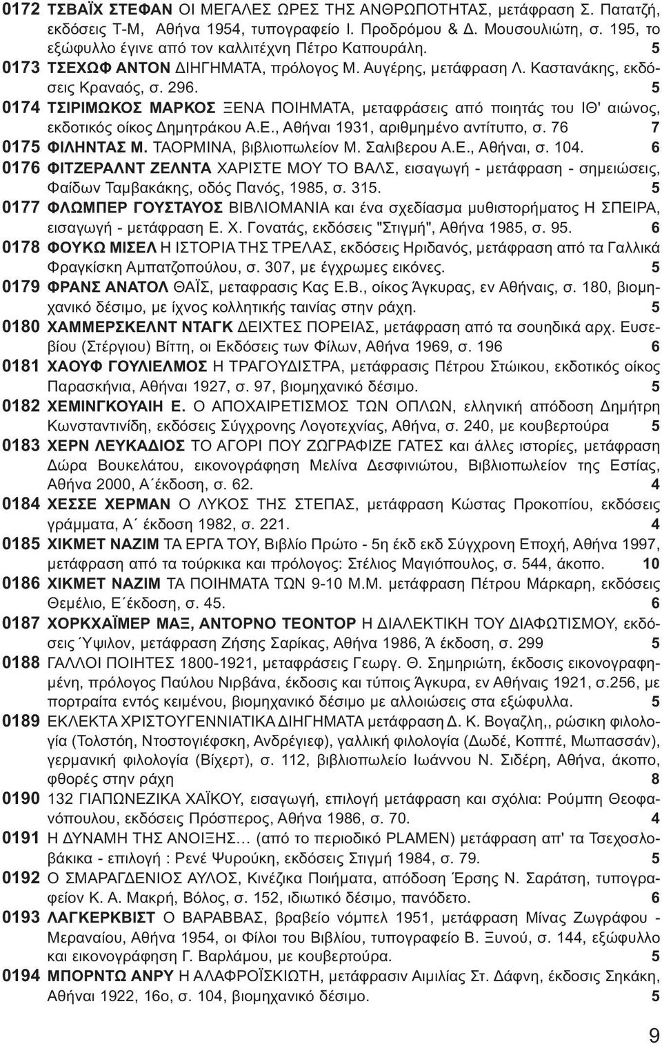 5 0174 ΤΣΙΡΙΜΩΚΟΣ ΜΑΡΚΟΣ ΞΕΝΑ ΠΟΙΗΜΑΤΑ, μεταφράσεις από ποιητάς του ΙΘ' αιώνος, εκδοτικός οίκος Δημητράκου Α.Ε., Αθήναι 1931, αριθμημένο αντίτυπο, σ. 76 7 0175 ΦΙΛΗΝΤΑΣ Μ. ΤΑΟΡΜΙΝΑ, βιβλιοπωλείον Μ.