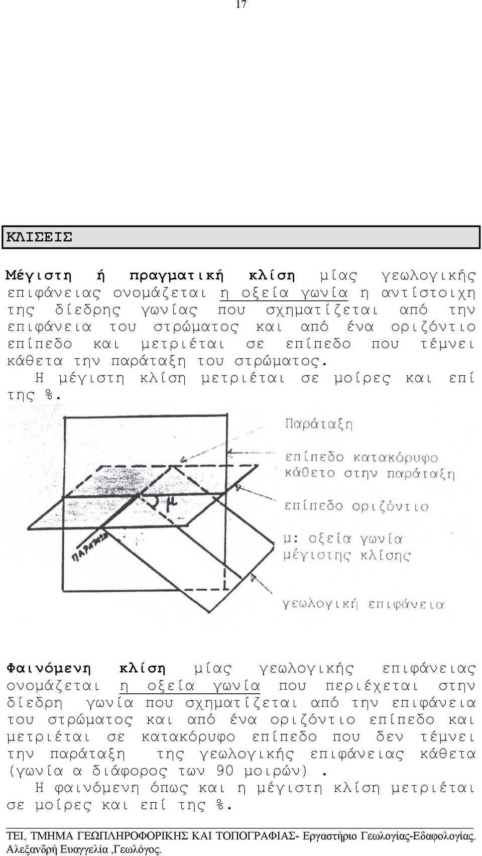 Παράταξη επίπεδο κατακόρυφο κάθετο στην παράταξη επίπεδο οριζόντιο µ: οξεία γωνία µέγιστης κλίσης γεωλογική επιφάνεια Φαινόµενη κλίση µίας γεωλογικής επιφάνειας ονοµάζεται η οξεία γωνία που