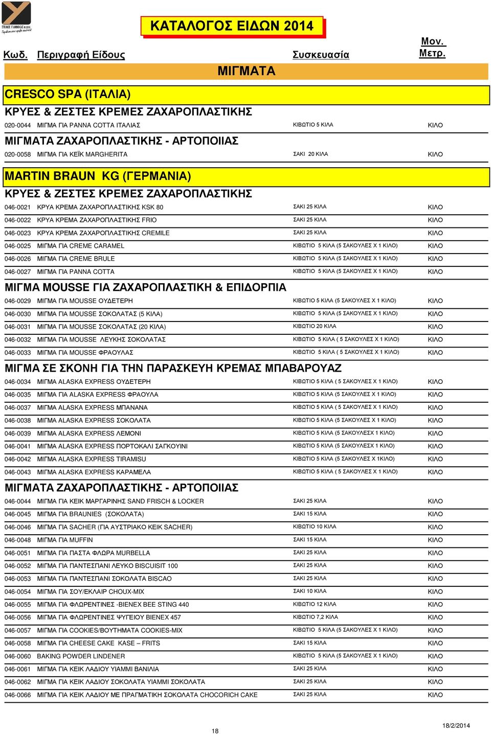 ΚΙΛΟ 046-0023 ΚΡΥΑ ΚΡΕΜΑ ΖΑΧΑΡΟΠΛΑΣΤΙΚΗΣ CREMILE ΣΑΚΙ 25 ΚΙΛΑ ΚΙΛΟ 046-0025 ΜΙΓΜΑ ΓΙΑ CREME CARAMEL ΚΙΒΩΤΙΟ 5 ΚΙΛΑ (5 ΣΑΚΟΥΛΕΣ Χ 1 ΚΙΛΟ) ΚΙΛΟ 046-0026 ΜΙΓΜΑ ΓΙΑ CREME BRULE ΚΙΒΩΤΙΟ 5 ΚΙΛΑ (5 ΣΑΚΟΥΛΕΣ