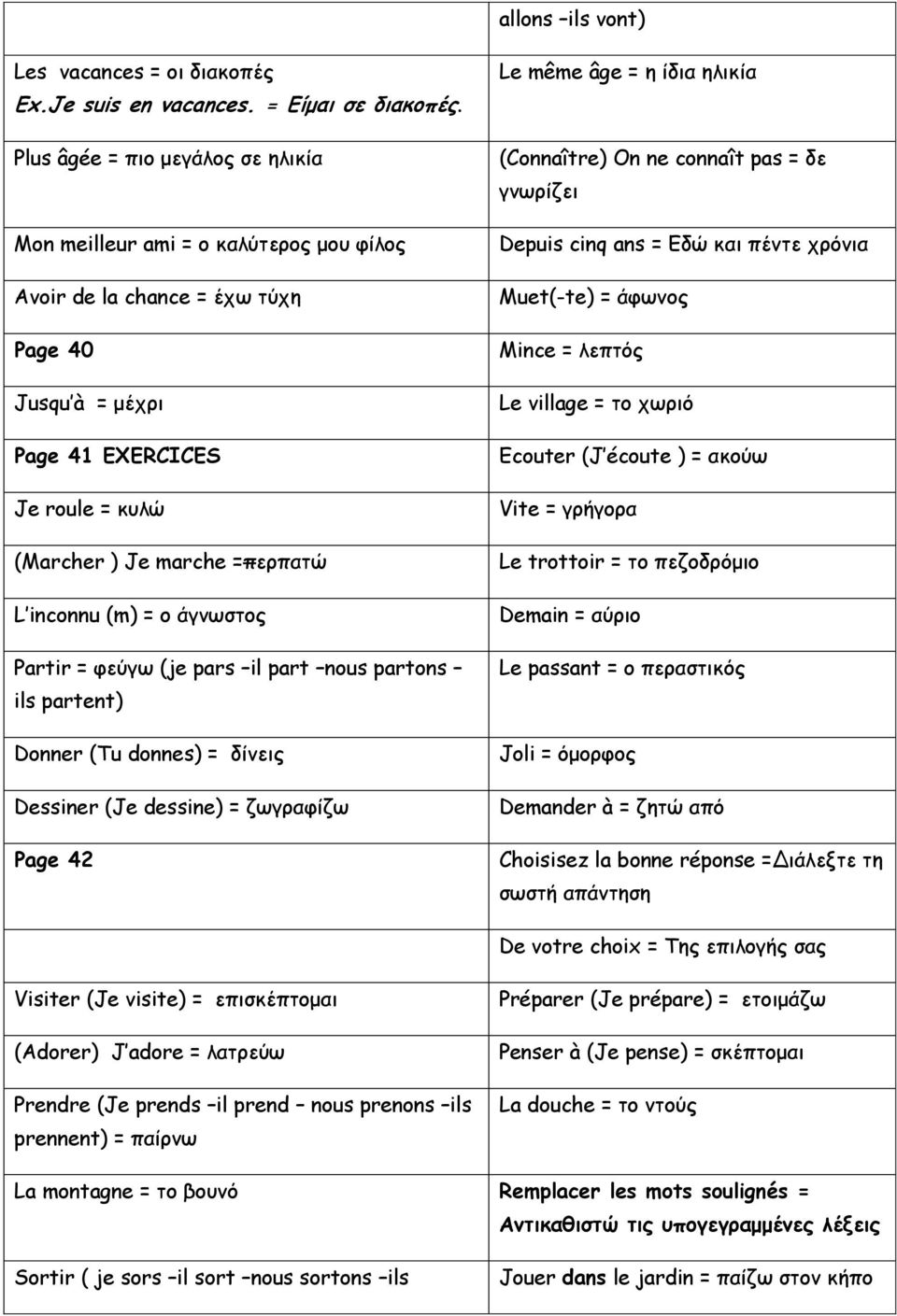 inconnu (m) = ο άγνωστος Partir = φεύγω (je pars il part nous partons ils partent) Donner (Tu donnes) = δίνεις Dessiner (Je dessine) = ζωγραφίζω Page 42 Le même âge = η ίδια ηλικία (Connaître) On ne