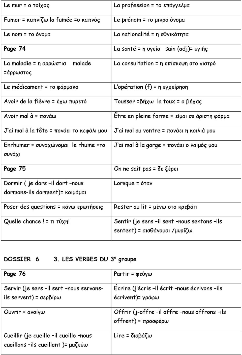 κεφάλι μου Enrhumer = συναχώνομαι le rhume =το συνάχι Page 75 Dormir ( je dors il dort nous dormons-ils dorment)= κοιμάμαι Poser des questions = κάνω ερωτήσεις Quelle chance! = τι τύχη!