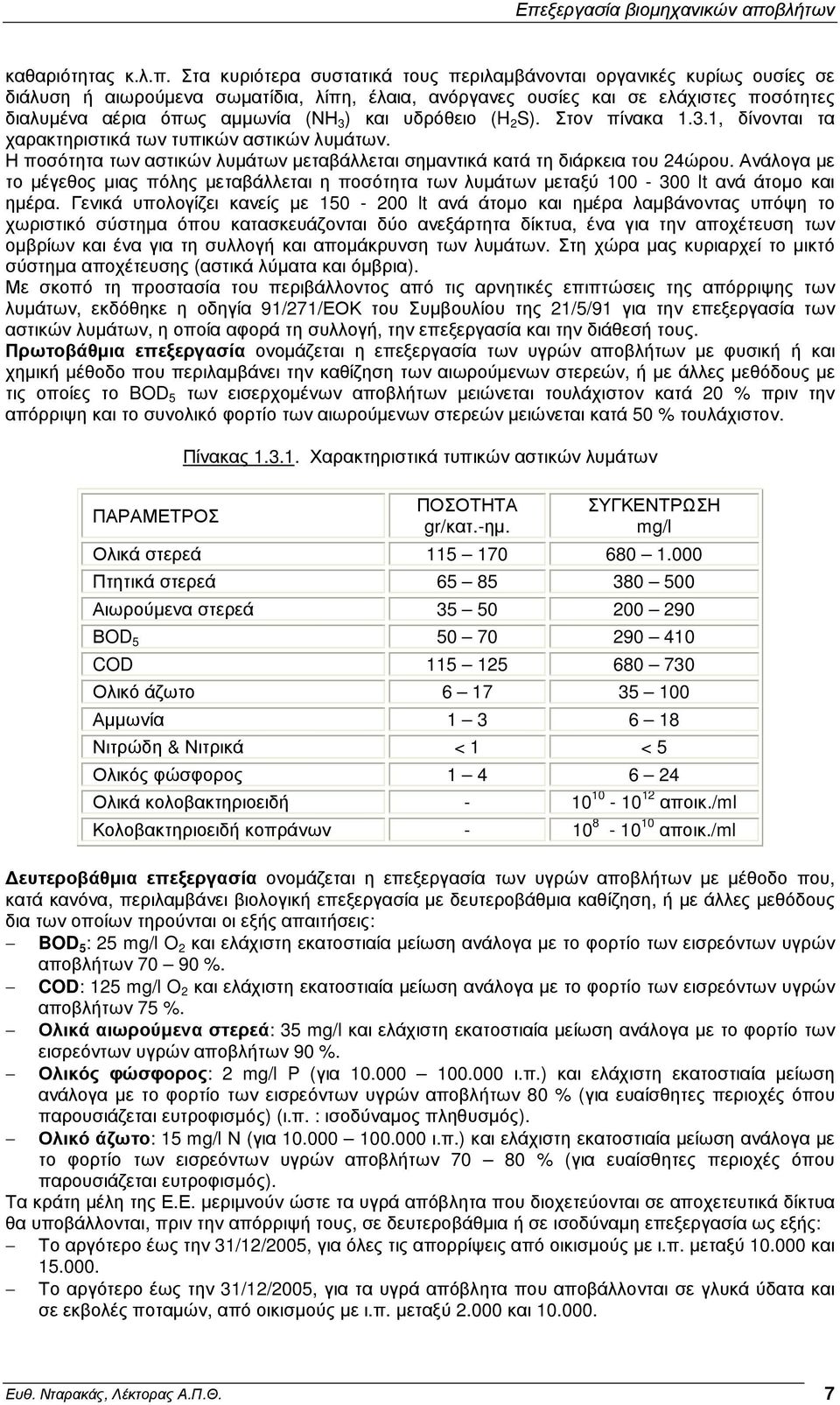 και υδρόθειο (H 2 S). Στον πίνακα 1.3.1, δίνονται τα χαρακτηριστικά των τυπικών αστικών λυµάτων. Η ποσότητα των αστικών λυµάτων µεταβάλλεται σηµαντικά κατά τη διάρκεια του 24ώρου.