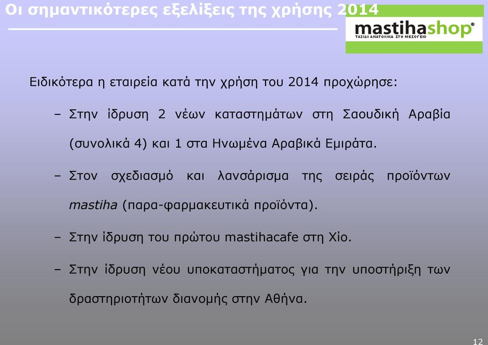 Στον σχεδιασμό και λανσάρισμα της σειράς προϊόντων mastiha (παρα-φαρμακευτικά προϊόντα).